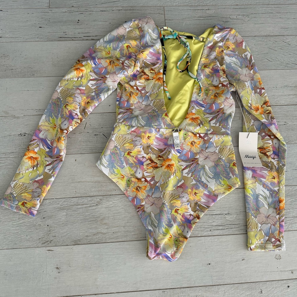 NWT Maaji Floral Long Sleeve One-Piece Swimsuit in Yellow and Lavender - Picture 3 of 7